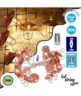 79810 Διακοσμητική Γιρλάντα Bronze Lamp 3 Μέτρα με Διακόπτη On-Off - 20 LED 2W DC 5V με USB & Διάφανο Καλώδιο IP20 Θερμό Λευκό 2700K Μ3m